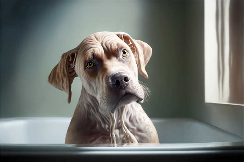 chien qui se raffraichit dans une baignoire