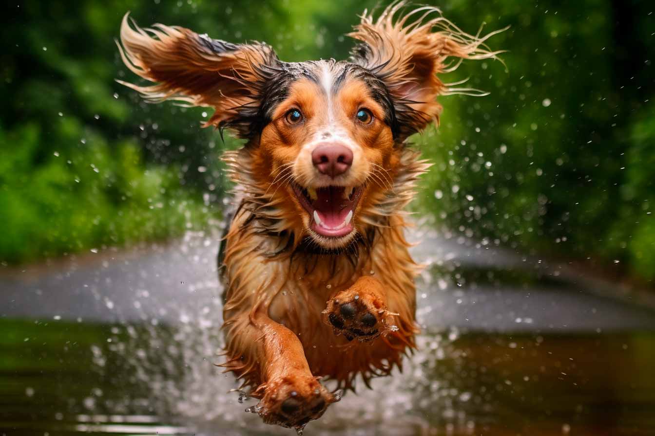 chien heureux qui court sous la pluie