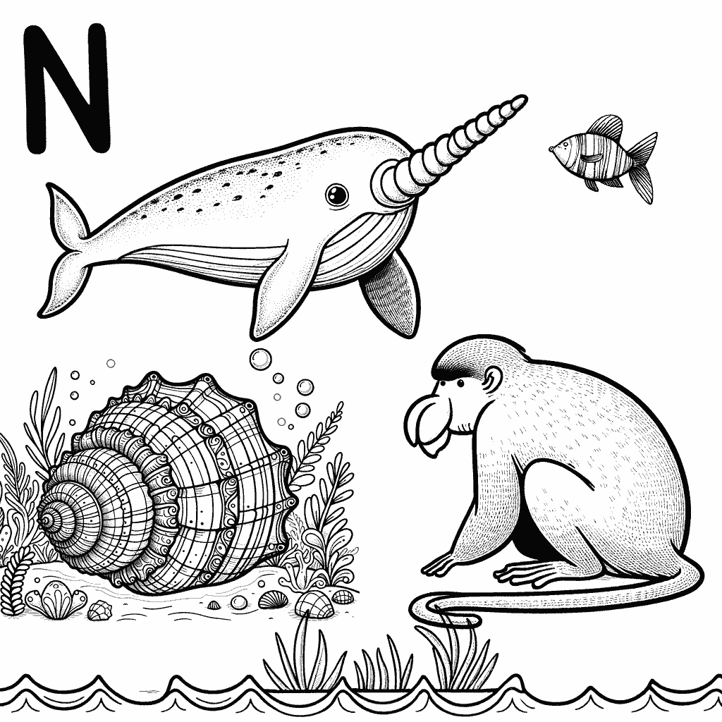 animaux a colorier lettre n